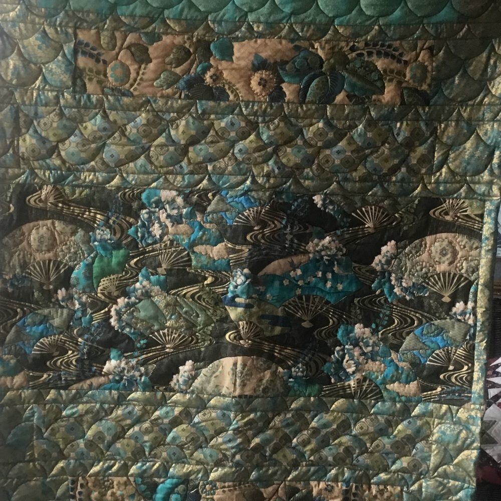 Hand Crafted Turquoise & Gold Quilt - Picture 3 of 16